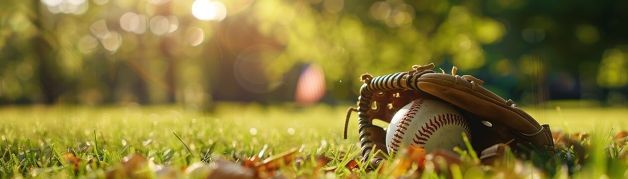 A baseball glove lays in green grass with a blurred background of trees.