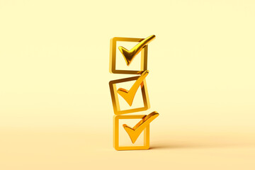 checkmark icon stacked on yellow background. checklist survey concept, and evaluation Accreditation, quality assurance. with copy space and business design. 3D rendering illustration
