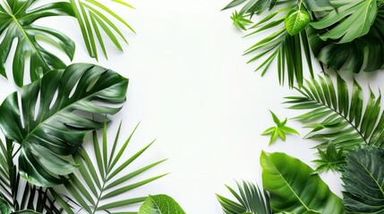 Green Tropical Leaves Frame White Background