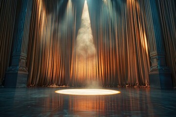 A dramatic empty stage with large, heavy curtains and a single spotlight creating a circular pool of light on the floor