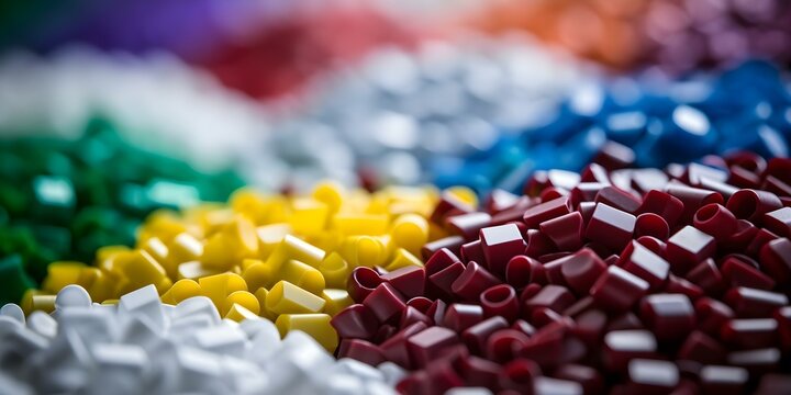 Colorful Plastic Pellet Manufacturing Industry for Diverse Polymer Applications. Concept Plastic Pellets, Manufacturing Process, Diverse Applications, Polymer Industry, Colorful Products