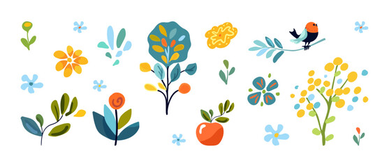 Bright and playful vector illustration featuring variety Potted plants, flowers and birds. Perfect spring themed designs greeting cards home decor Includes fresh vibrant colors Whimsical elements...