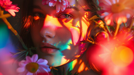 A woman is looking at a rainbow coloured sun through a window, her silhouette framed by vibrant hues and the sun casting a spectrum of colours on her face, a cosy room with bookshelves 