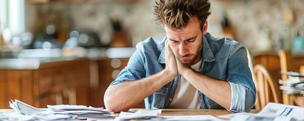 Stressed individual with overdue bills, recession debt, financial burden