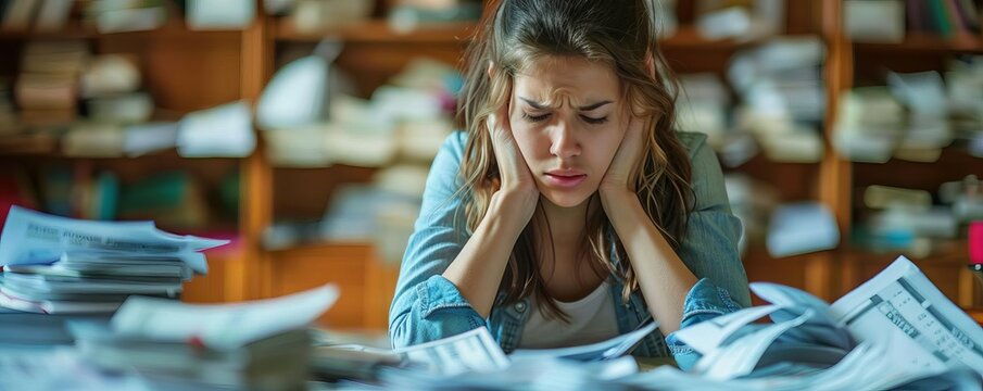 Stressed individual with overdue bills, recession debt, financial burden