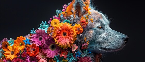 A wolf's head covered in colorful flowers.
