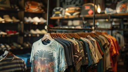 Fototapeta premium Showcase of Retro T-Shirts. Vintage Aesthetic with Faded Graphics and Distressed Prints