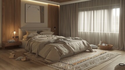 Cozy modern bedroom with soft bedding, natural light streaming through large windows, and warm, inviting decor, creating a serene and comfortable atmosphere.	