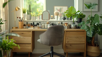 Fototapeta premium A Realistic Blank Space On A Stylish Modern Dressing Table, Ready For Beauty And Makeup Essentials, High Quality, HD