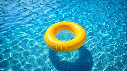 Vibrant yellow swimming pool ring float bobs serenely on calm blue water's surface, evoking a sense of carefree summer fun under sunny skies.