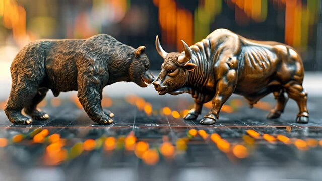 angry hornless bear and bull with horns and small Fang preparing for fight on market charts background photograph.generative ai