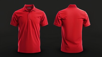 Front and back views of a red polo shirt, displayed on a black backdrop.