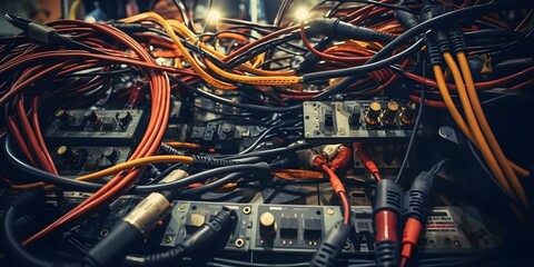Tangled Network of Audio Cables Connecting Various Equipment. Concept Audio Setup, Cable Management, Equipment Connections, Recording Studio, Tech Troubleshooting