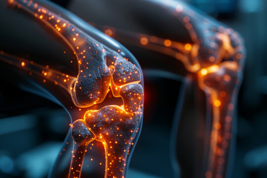 3D digital rendering of a human knee highlighting the bones and ligaments with a bright orange glow