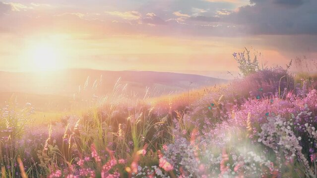 Panoramic view of purple heather flowers in the foreground, rolling hills and fields at sunrise background. Infinity loop video landscape