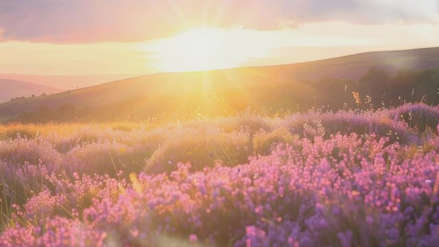 Panoramic view of purple heather flowers in the foreground, rolling hills and fields at sunrise background. Infinity loop video landscape