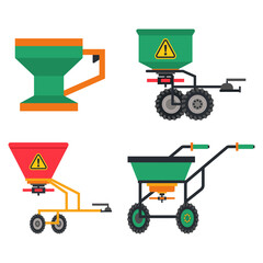 Fertilizer spreaders vector cartoon set isolated on a white background. © Roi_and_Roi