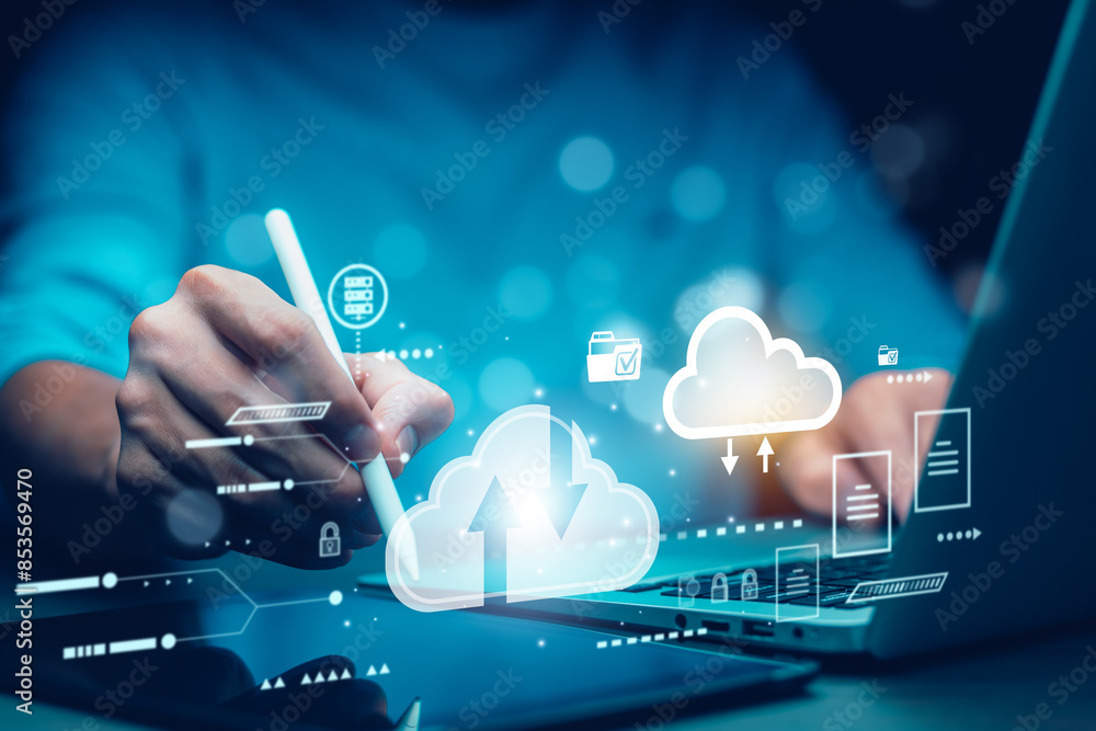 Poster cloud technology concept global network of metaverse systems concept, man hand touch data with inter