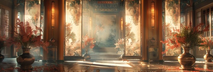 Golden light illuminates an ornate hallway with floral arrangements and ornate doorways.