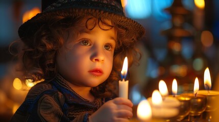 A young Jewish child lights candles during Hanukkah