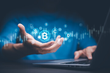 Businessman hand hold bitcoin and icon of business network on White background. bitcoin cryptocurrency ideas concept and virtual financial chart diagram, Digital symbol of a new virtual currency