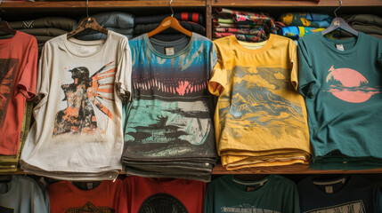 Obraz premium Showcase of Retro T-Shirts. Vintage Aesthetic with Faded Graphics and Distressed Prints