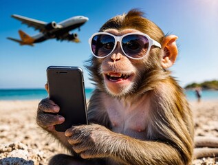 Cheerful monkey with a smartphone on the beach, Airplane in the sky. Concept: search for air tickets, tropical destination, summer vacation