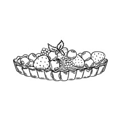 Berry tart dessert vector illustration. Pastry line art, engraving, black and white outline