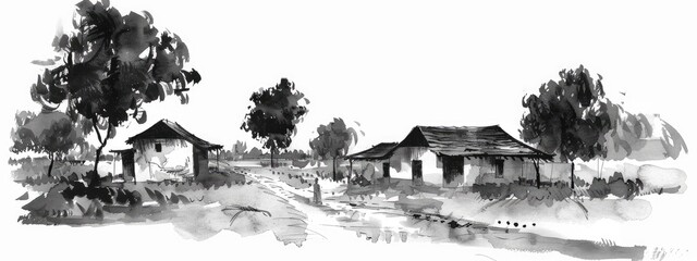 Traditional Indian village where farmers live. Sketch illustration.