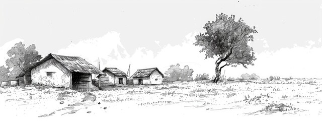 Traditional Indian village where farmers live. Sketch illustration.