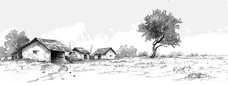 Traditional Indian village where farmers live. Sketch illustration.