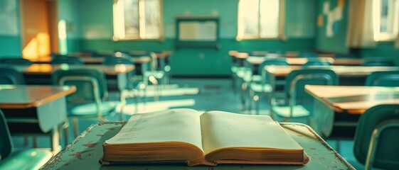 Open book on a desk in an empty classroom.