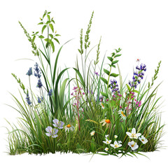 Realistic grass with wildflowers, outdoor element, ultra-detailed, various greens and colors, isolated on white background transparent background