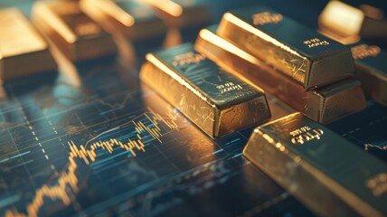 Picture of gold with a graph background.The price of gold depends on the world economy.