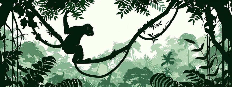 Jungle landscape, monkey hanging on vines. Silhouette illustration in green tones. 