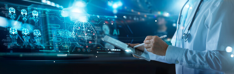 Medical technology, Doctor use intelligence software of AI for diagnosis brain increasing accuracy...