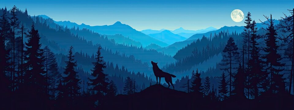 Silhouette illustration of a mountain forest with a wolf standing in the foreground.