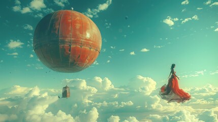 Fototapeta premium Woman traveling in aerostat