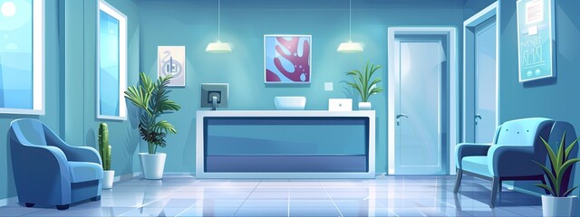 Fototapeta premium The lobby of the modern private clinic. Cartoon illustration.