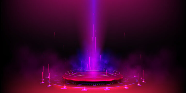 Futuristic platform with neon light portal in clouds of smoke. Vector realistic illustration of round tech podium illuminated with laser beams, cylinder pedestal with teleport to virtual game space