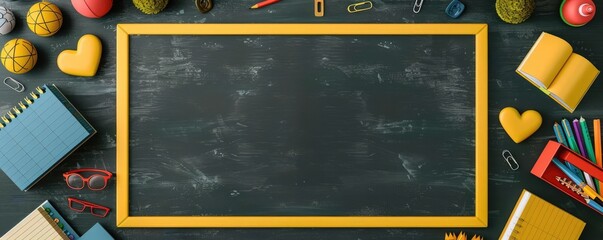 Blackboard flat design top view back to school theme cartoon drawing vivid