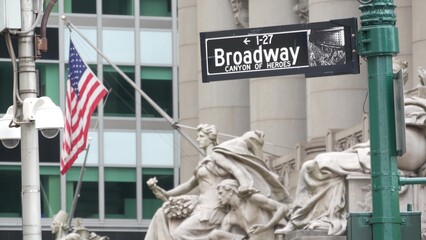 Broadway street road sign, Manhattan downtown financial district architecture, New York City....