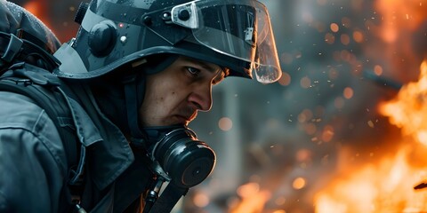 Heroic firefighter saving lives by extinguishing flames in a burning building. Concept Firefighter, Heroic Act, Saving Lives, Extinguishing Flames, Burning Building