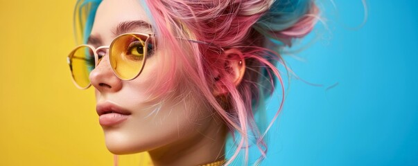 Young woman with pink and blue hair wearing yellow sunglasses.