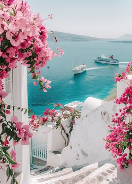 A beautiful photo of Santorini, with a sea view landscape showing pink flowers and blue water in the background, ships on the ocean, white buildings, beautiful, dreamy, relaxing, calm, with a Mediterr