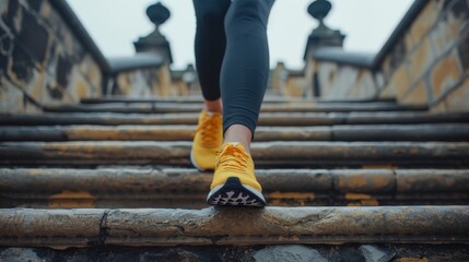 A young woman in running shoes climbing a set of stairs