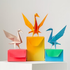 origami birds on a podium, white background