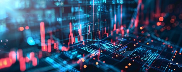 Abstract financial data processing and stock market charts flowing on dark background