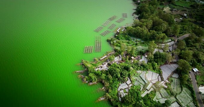 Lake Batur Bali tilapia fish farm in green polluted water, drone view