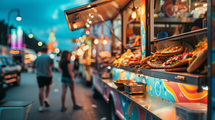 Fototapeta premium An eclectic food truck scene, set in an urban park, with a mix of families and friends enjoying their meals under twinkling string lights, the truck adorned with quirky graffiti and retro decor